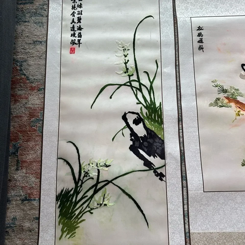 Vintage Chinese Silk Kesi Needlepoint Embroidered Tapestry Scroll 5 Panels Piece